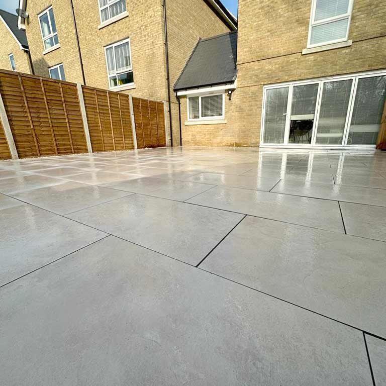 The finished patio close up. New Porcelain Paving Patio, Surbiton, All Terrain Landscaping, Surrey