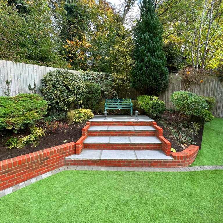Artificial Grass & Garden Landscaping, steps and retaining wall, Banstead, Surrey. All Terrain Landscaping, Morden