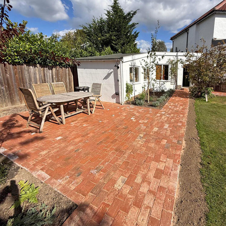 Indian Sandstone Patio and Clay Paver Pathways, Oxshott. All Terrain Landscaping