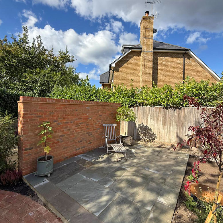 Indian Sandstone Patio and Clay Paver Pathways, Oxshott. All Terrain Landscaping