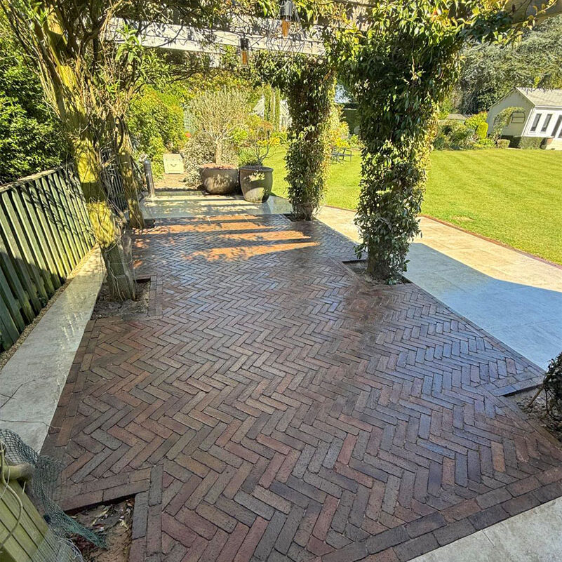 Porcelain and Clay Paver Patio with Metal Pergola, Cheam Village, Sutton. All Terrain Landscaping