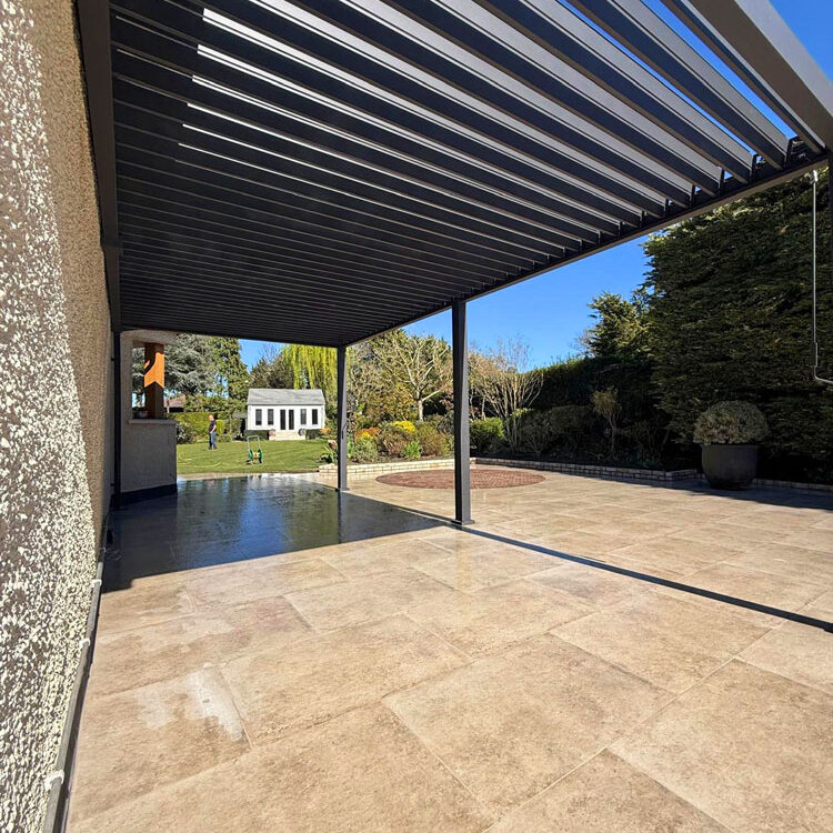 Porcelain and Clay Paver Patio with Metal Pergola, Cheam Village, Sutton. All Terrain Landscaping